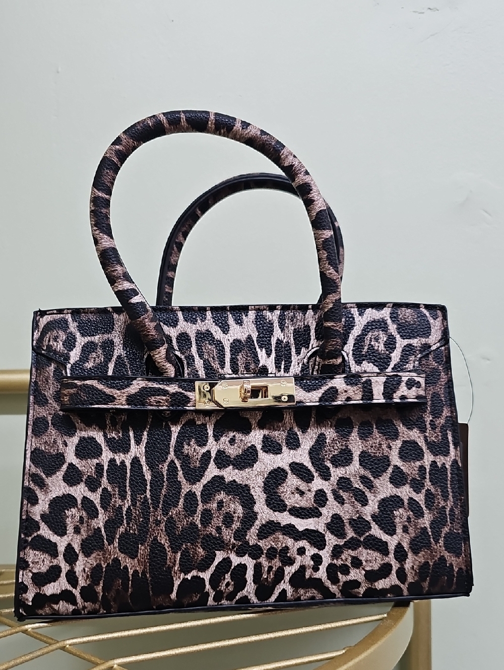 Leopard Print Structured Top-Handle Satchel - Pink & Black